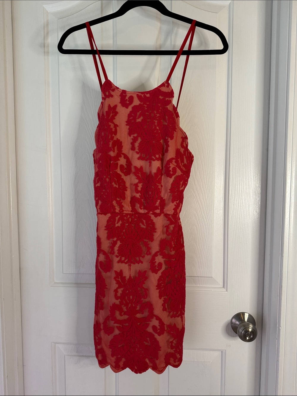 Xenia Boutique Red Lace Mini Dress with Spaghetti Straps